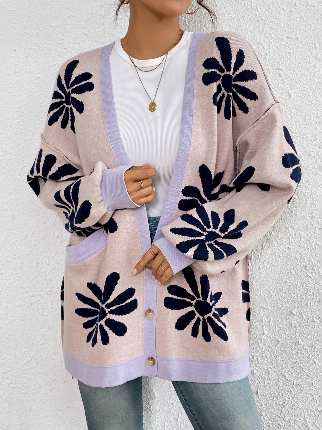 V-NECK PRINT COMMUTER LOOSE KNIT CARDIGAN COAT