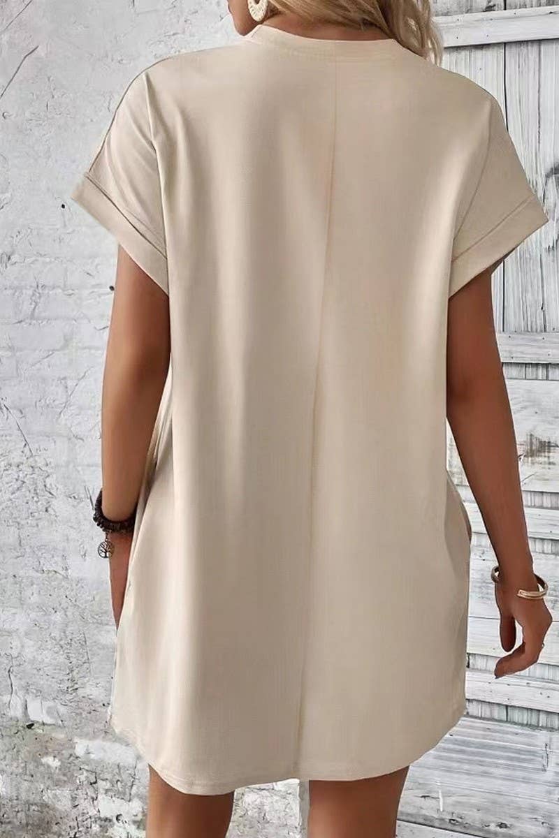 CWDSD3628_SOLID COLOR ROUND NECK LOOSE POCKET SHORT DRESS