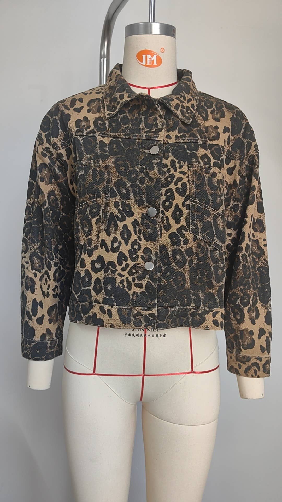 WASHED FASHION LEOPARD PRINT DENIM JACKET