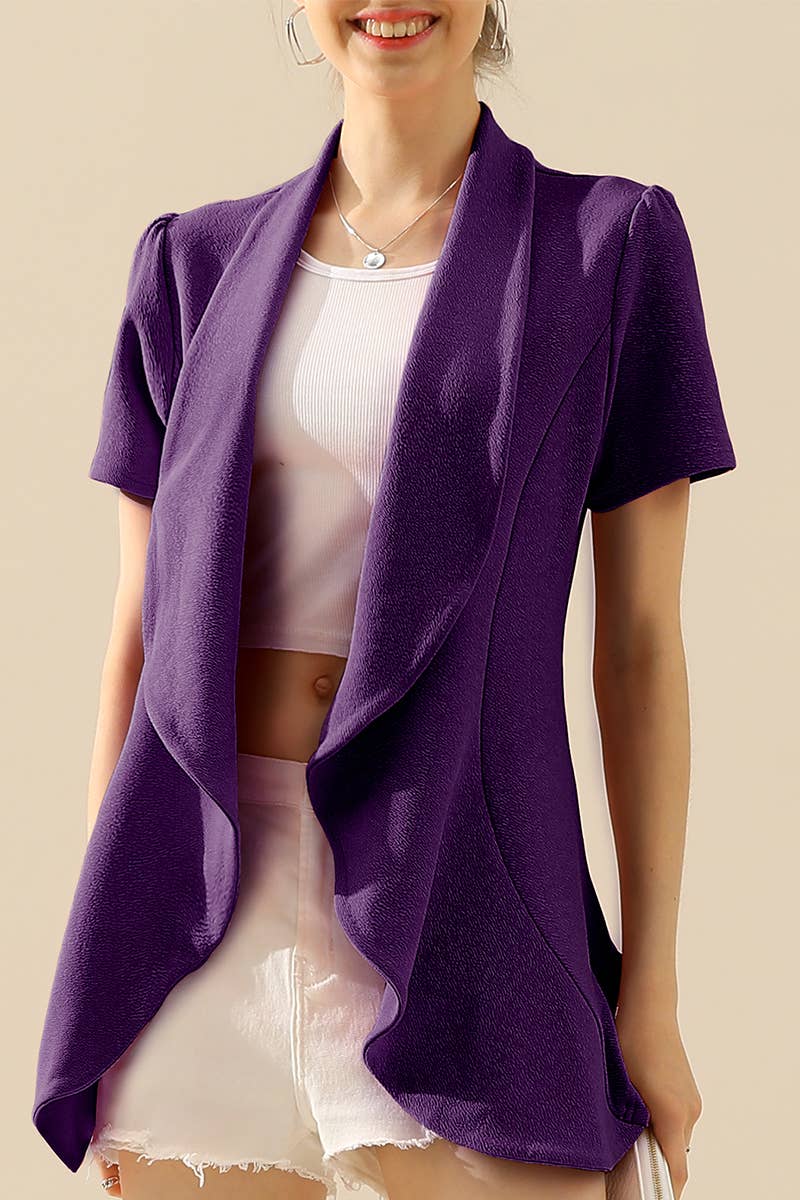 CWOBL095-P_Short Sleeve Open Front Draped Ruffles Blouses