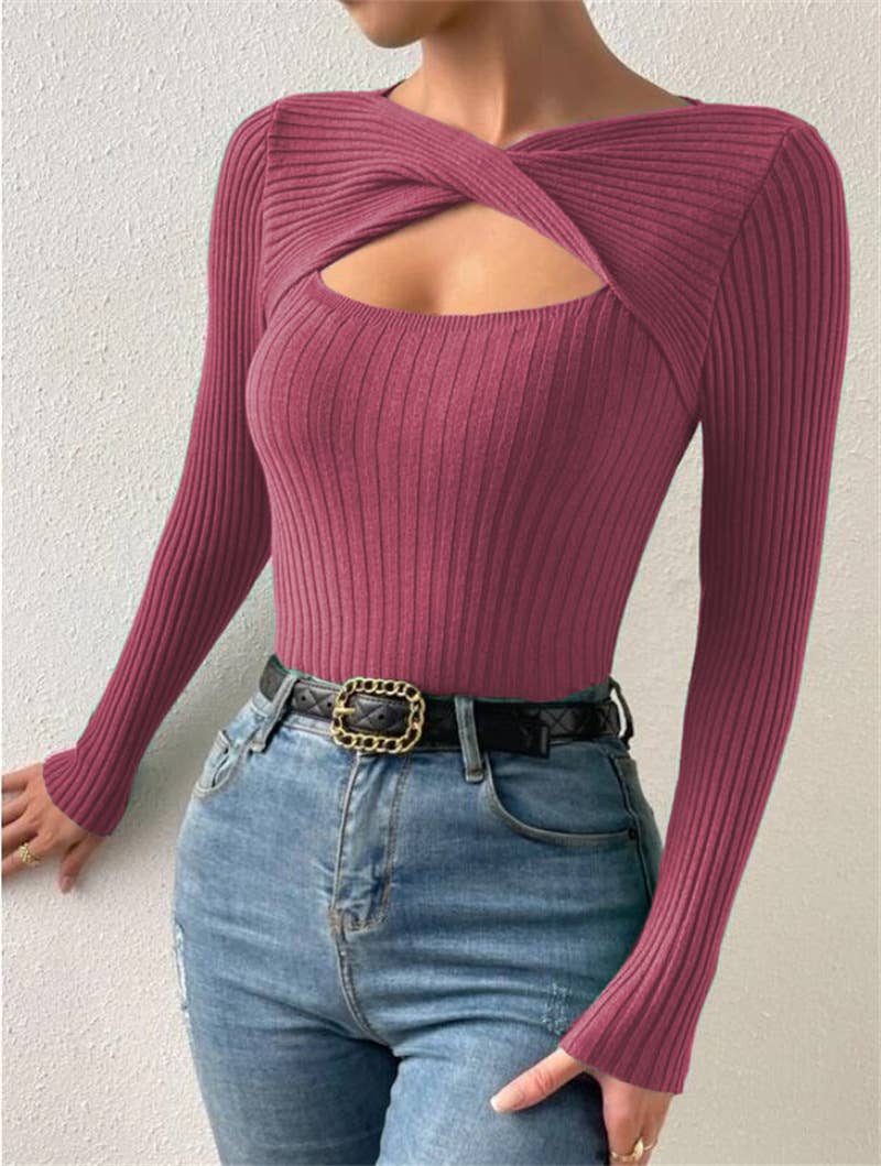 Sexy cut-out pullover solid-color knitted top