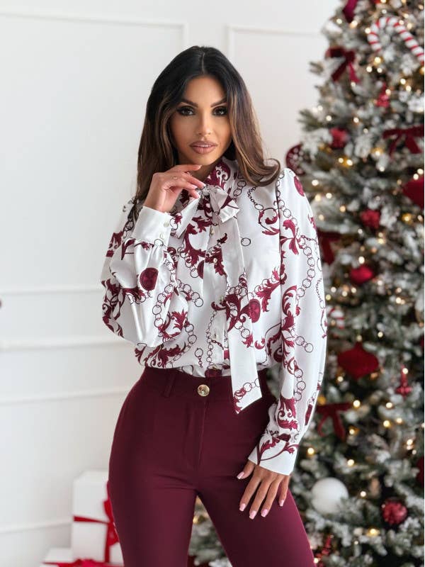 SIMPLE ALL-IN-ONE PRINTED LONG-SLEEVED BOW SHIRT