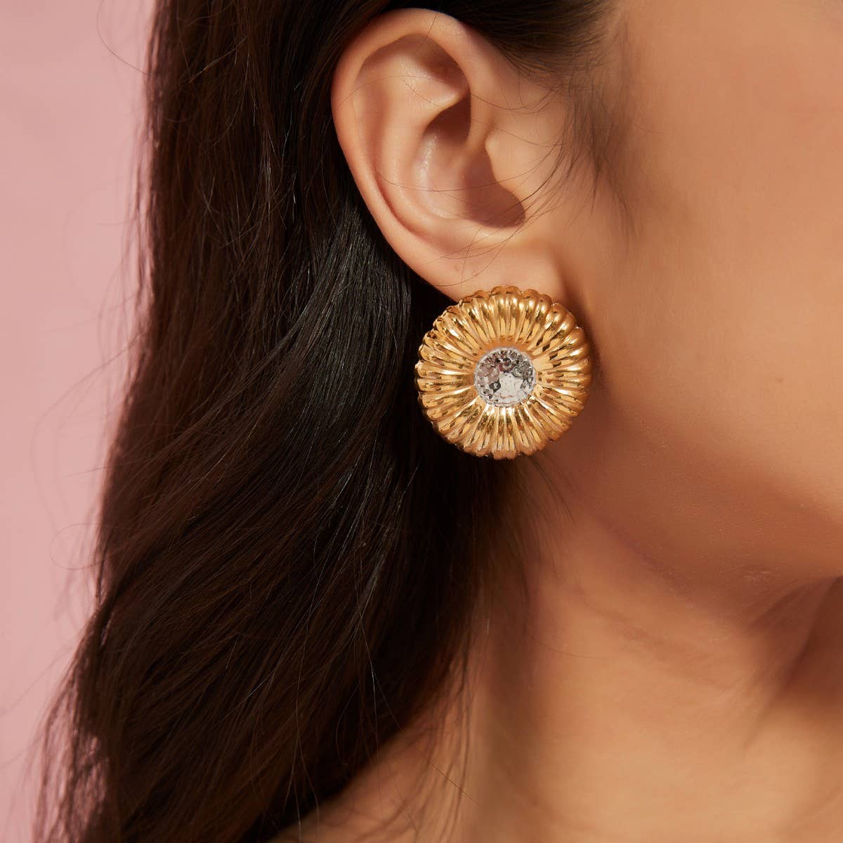 Vintage Round Ribbed Stainless Steel Earrings