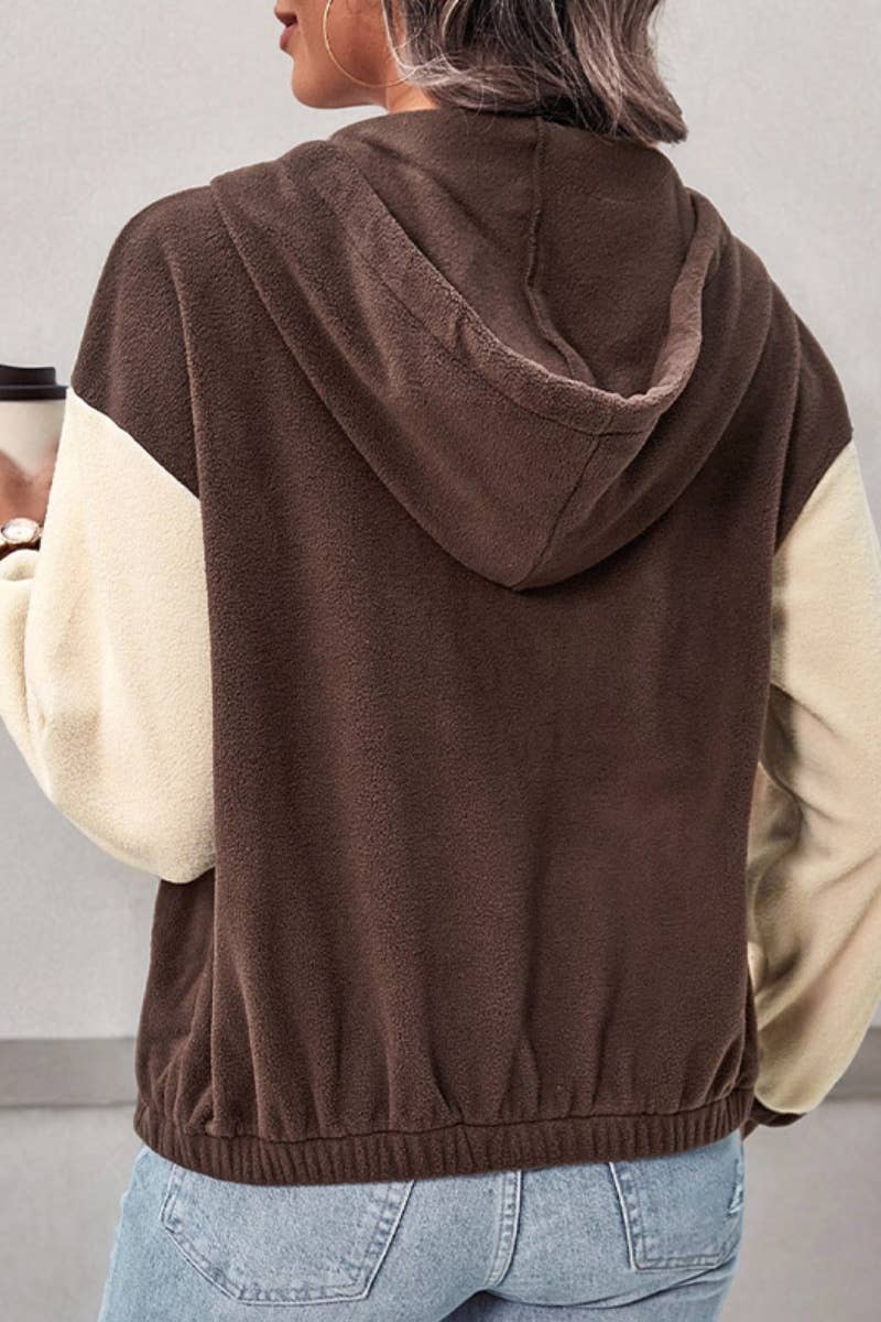 CWOCO1007_HOODED DRAWSTRING LONG-SLEEVED FLEECE JACKET