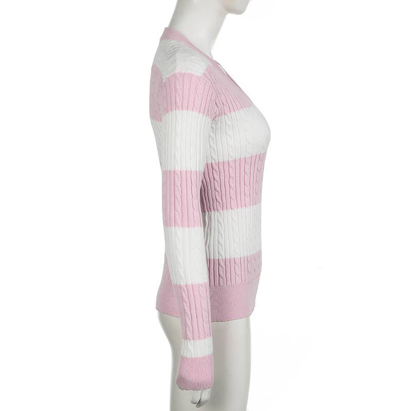 V-NECK SLOUCHY TWIST FEATURE STRIPED SWEATER