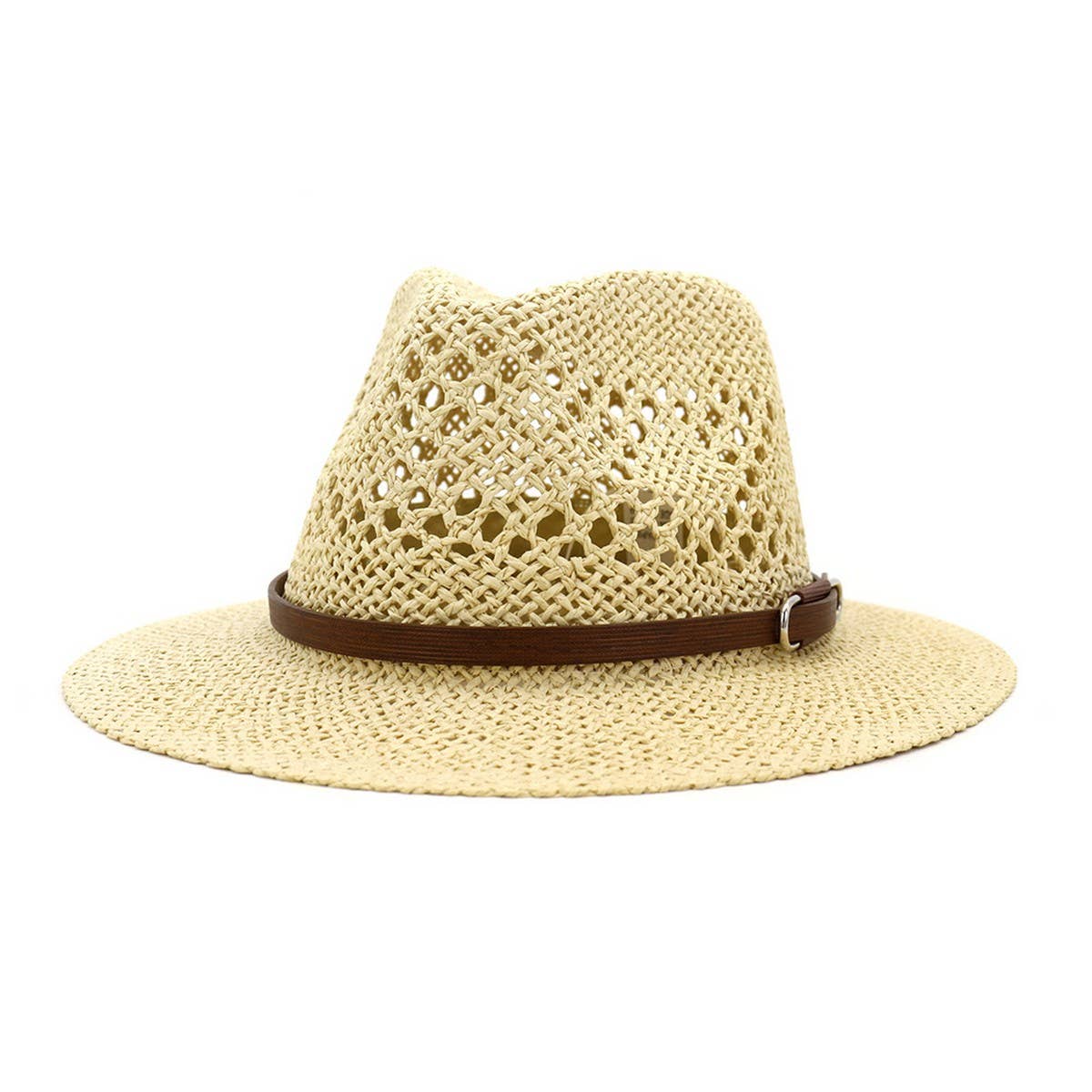 BROWN BELT VENTED SUMMER STRAW SUN HAT_CWAH062-B20315