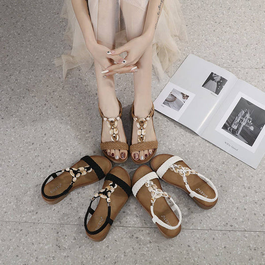 VINTAGE BUCKLE WOVEN FASHION BEADED BEACH SANDALS