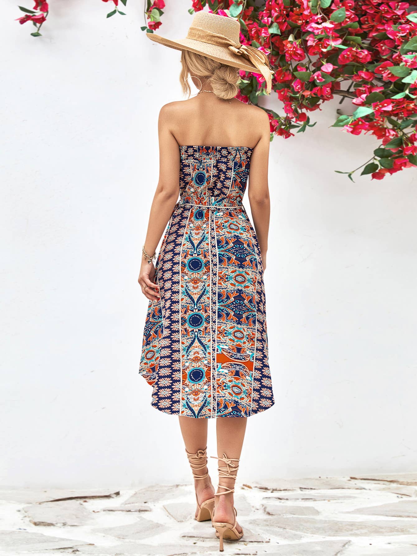 Ethnic print top top lace-up long hip wrap dress