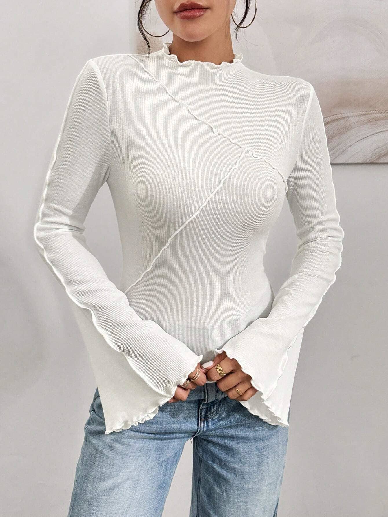 STYLISH BEVELLED TRUMPET SLEEVE ROLL-UP SWEATER