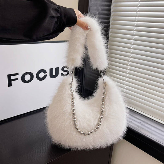 Faux Fox Fur Fluffy Bag Women Pearl Chain Shoulder_CUAB00566