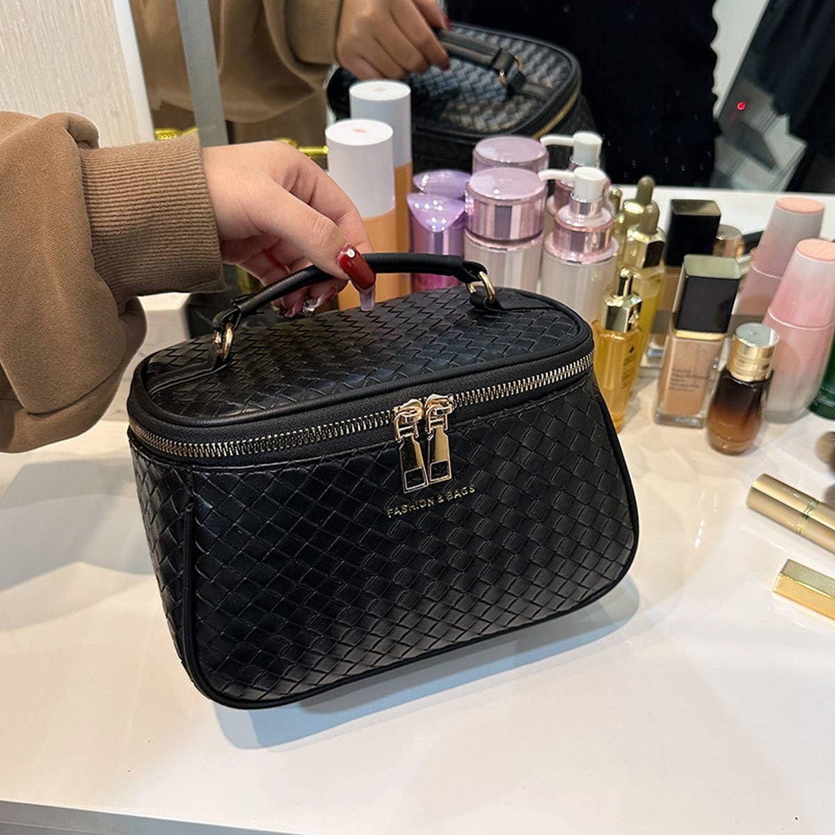 WOVEN PATTERN LARGE CAPACITY COSMETIC BAG_CWAB4419