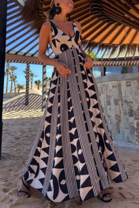 CWDHL1017_SUMMER V-NECK WAIST PRINTED SWING BEACH DRESS