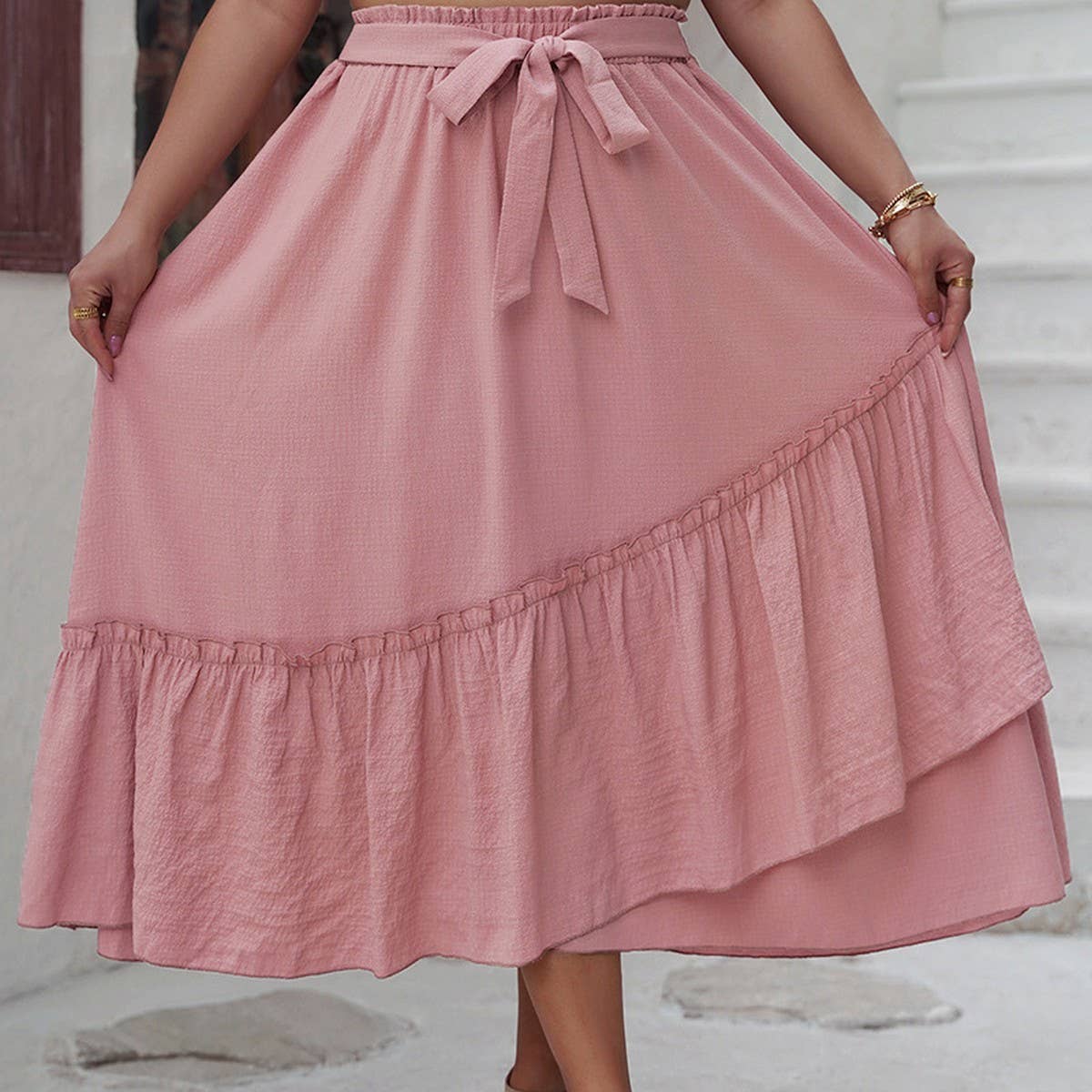 PLUS-SIZE CASUAL LACEUP PATCHWORK WRINKLE SKIRT_CWBMS0097