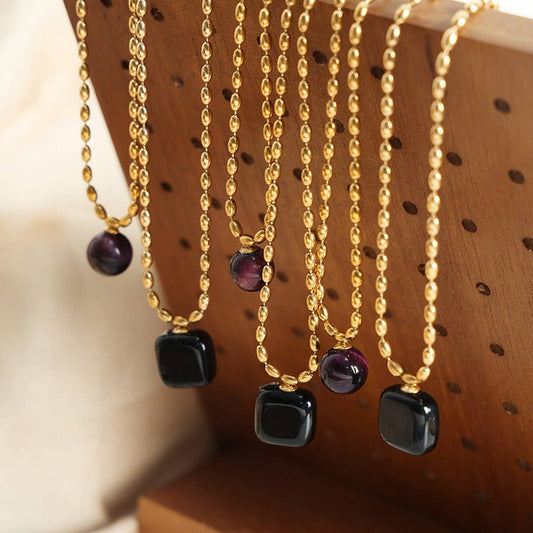 NATURAL STONE AGATE PENDANT TITANIUM STEEL NECKLAC