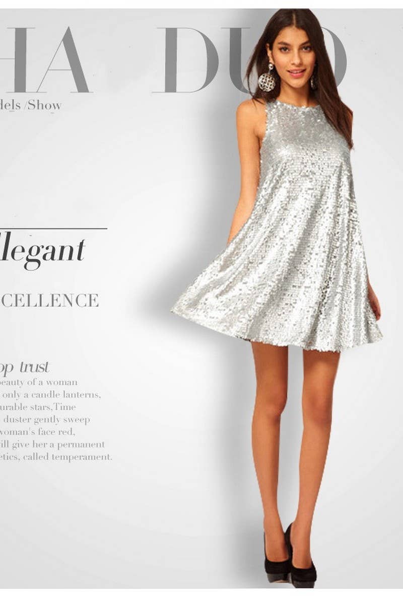 CWDSD6839_SILVER SEQUIN SLEEVELESS A-LINE SWING DRESS