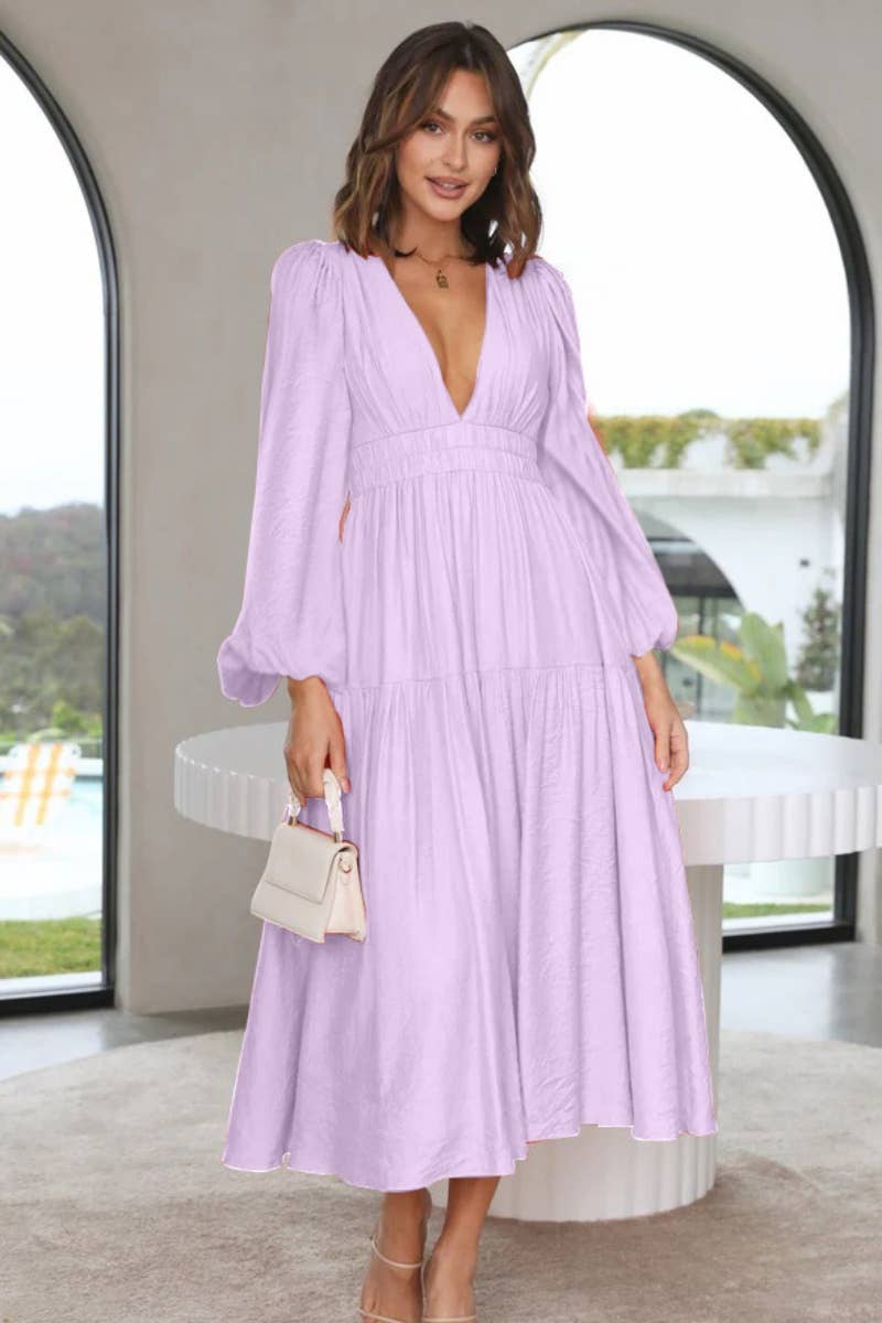 CWDMD4036_AUTUMN V-NECK LONG SLEEVE WAIST DRESS LONG STYLE