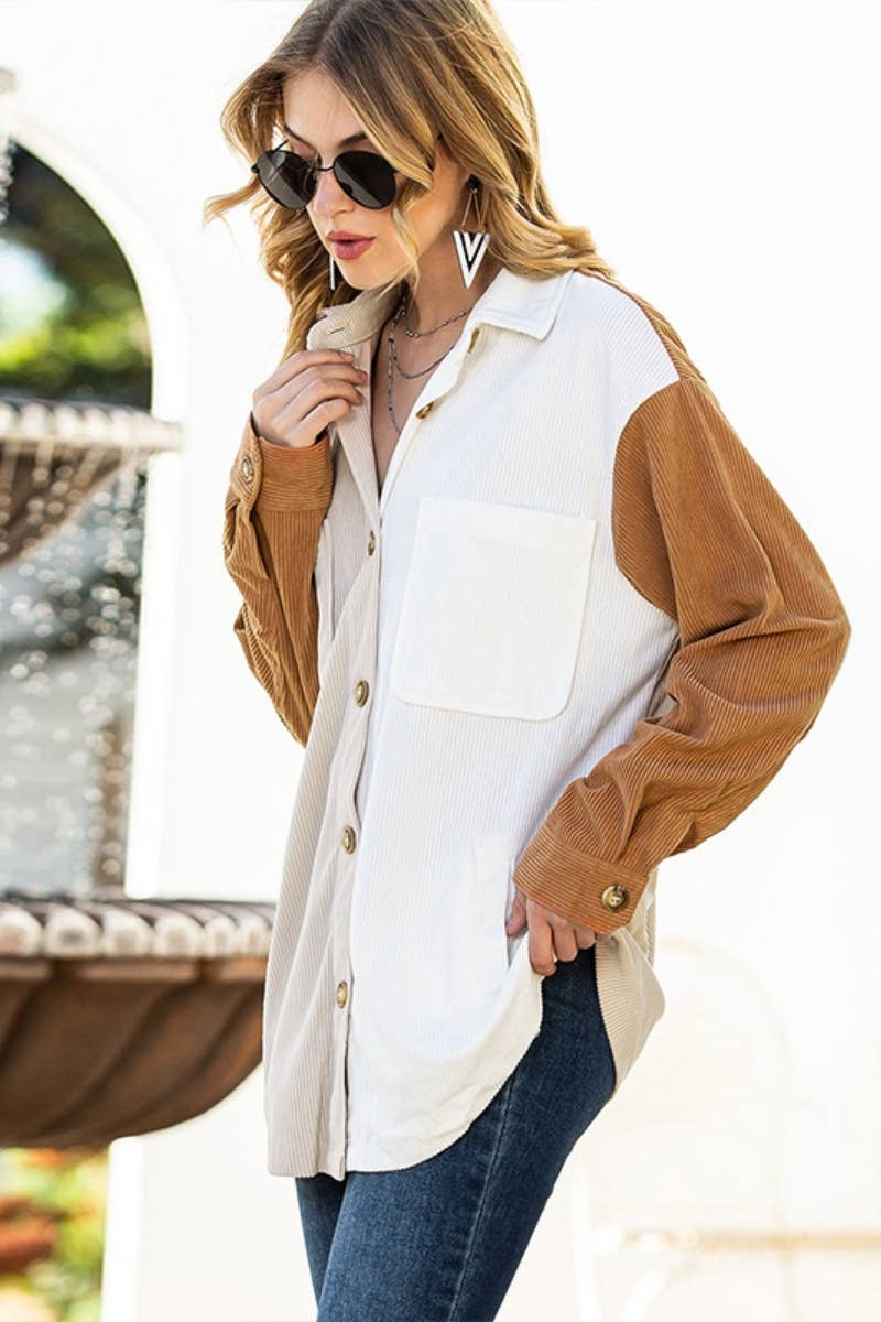 CWOCO1058_STYLISH PATCHWORK POCKET LONG SLEEVE SHIRT JACKET