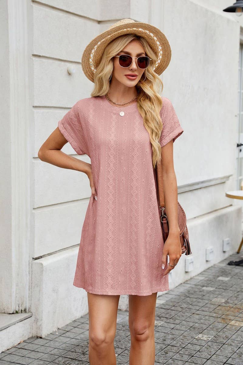 CWDSD7281_SOLID COLOR ROUND NECK SHORT SLEEVE POCKET DRESS
