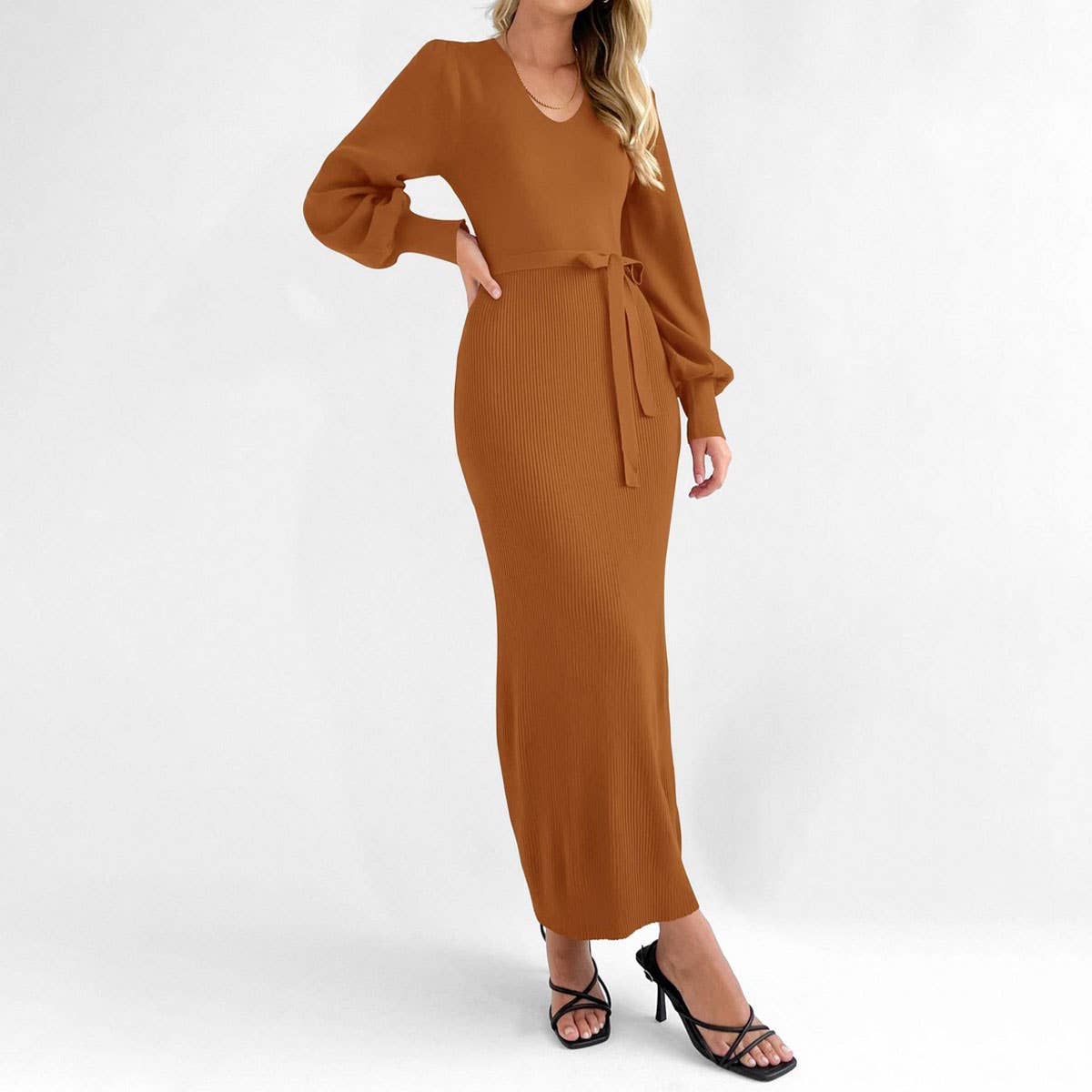 Lantern sleeve slim slim long solid color knit dress