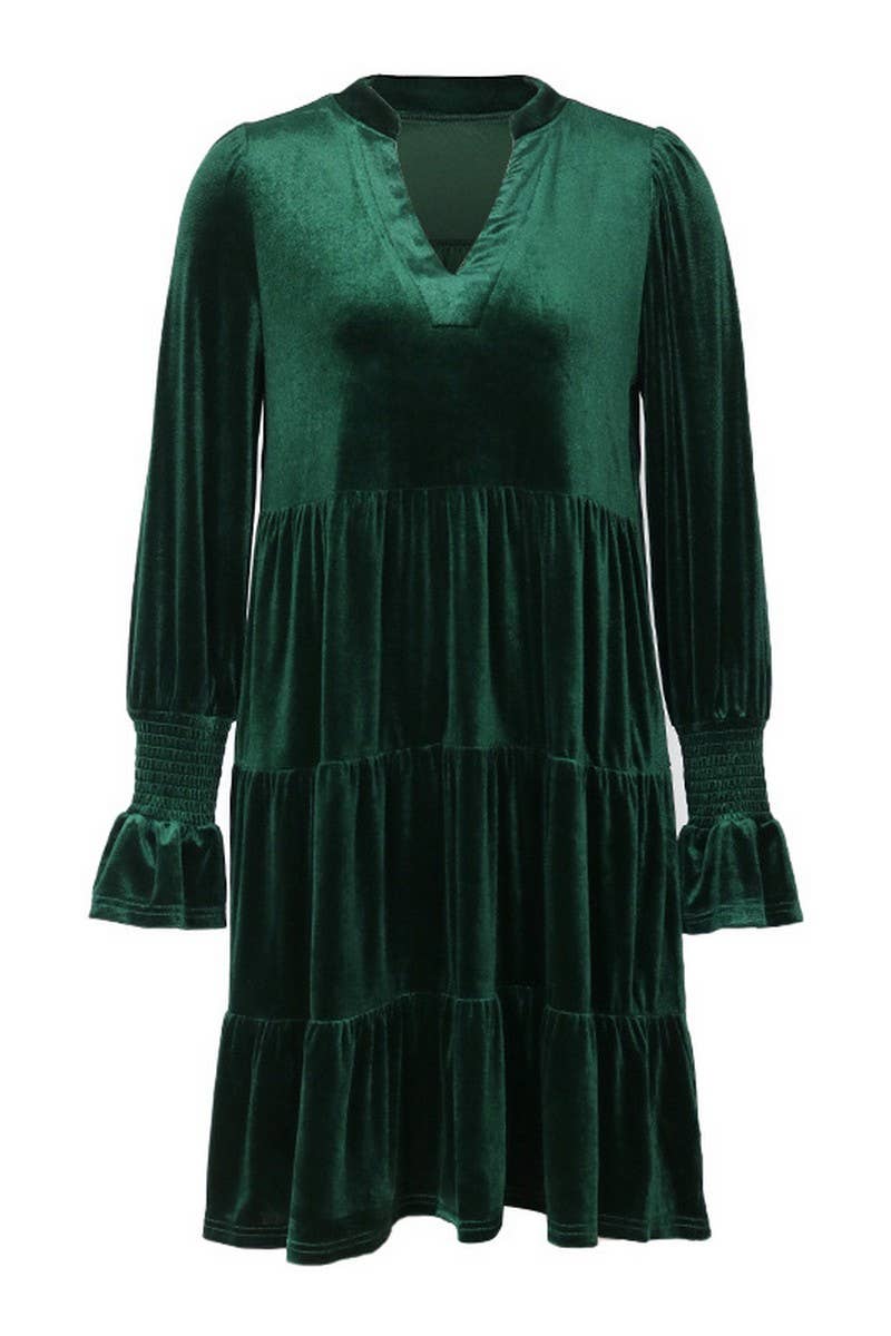 CWDMD3552_V-NECK LONG-SLEEVED SOLID COLOR VELVET DRESS