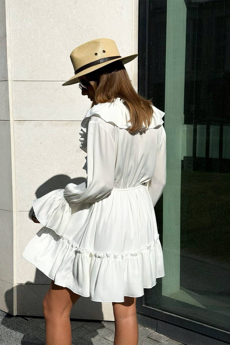 CWDSD7805_V-NECK BELL SLEEVE SHORT CHIFFON DRESS