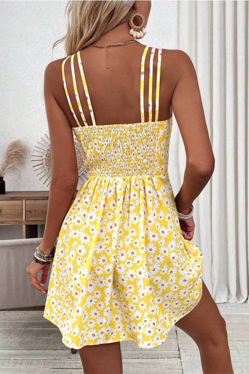 Short waistline yellow floral print halter dress