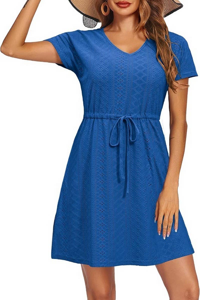 CWDSD8710_EYELET V-NECK CINCHED WAIST BEACH COVER UP DRESS