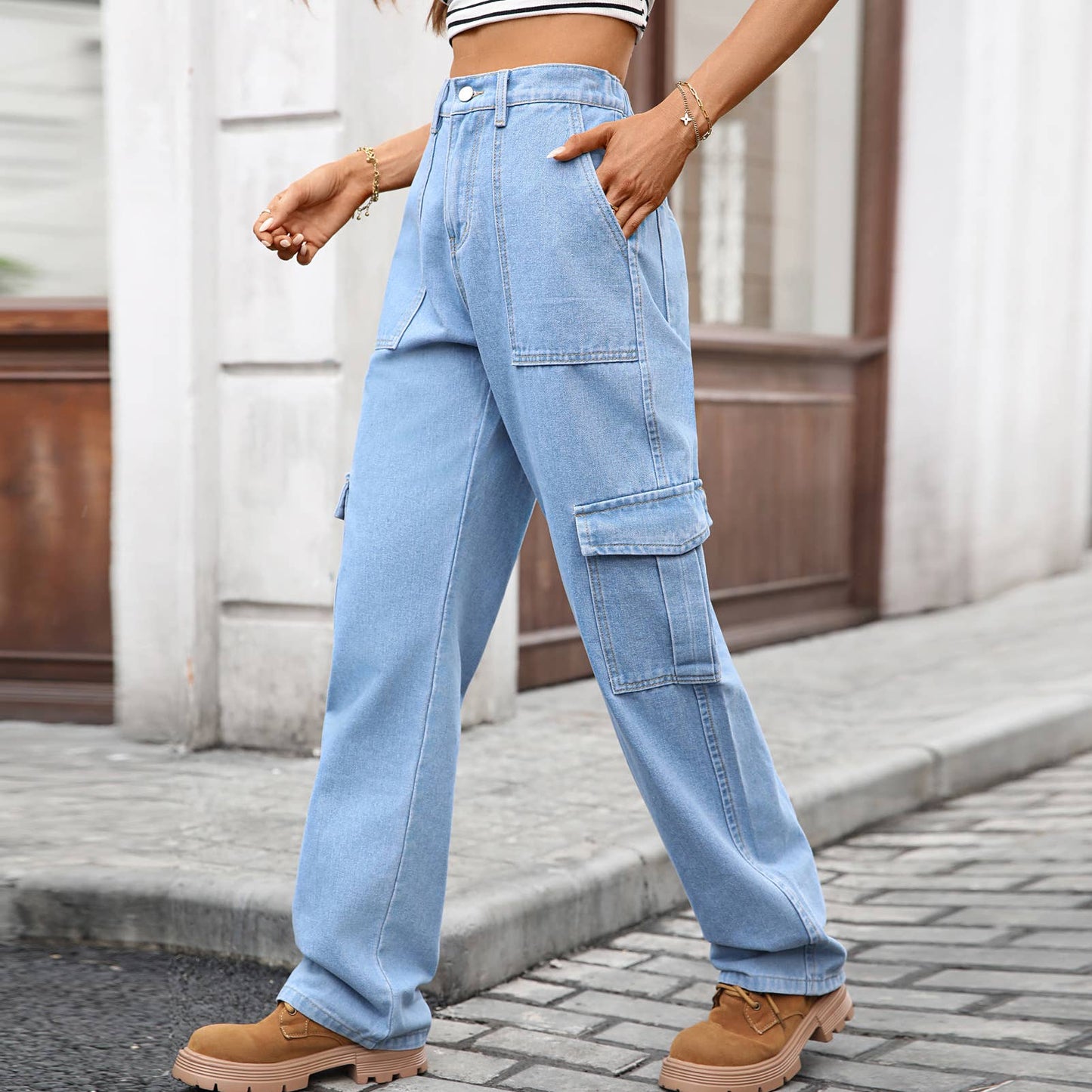 Washed semi-elastic waist denim workwear trousers