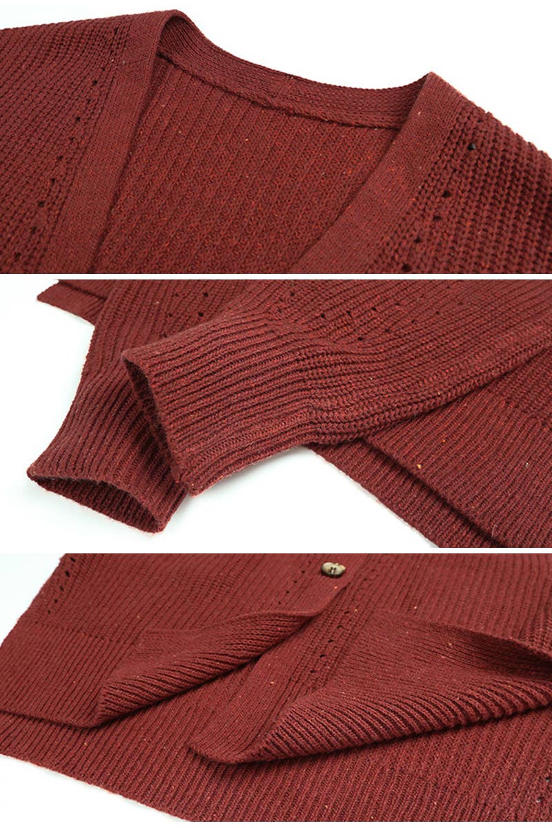 CWOCAL353 Button Down Sleeve V-Neck Cardigan Sweater