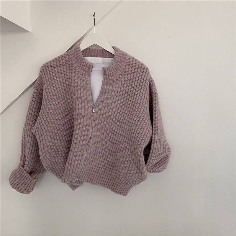 Solid-color zipper thick knitted cardigan