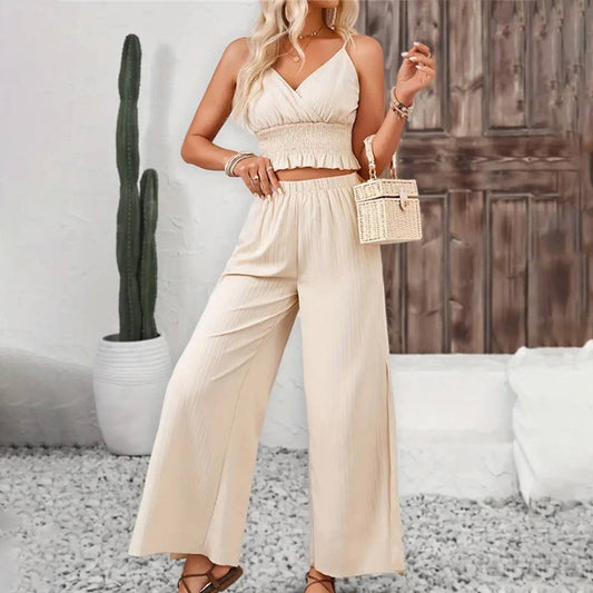 Jacquard striped straight slacks with halters