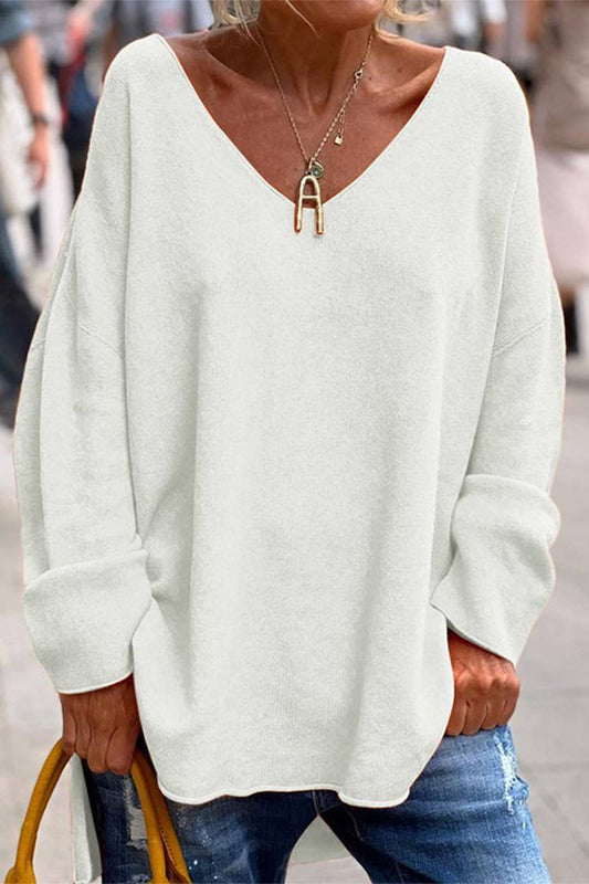 SOLID COLOR V-NECK LONG SLEEVE CASUAL T-SHIRT