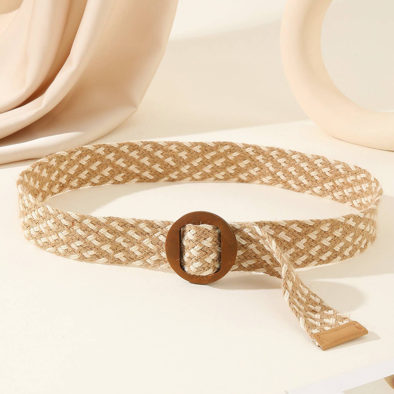 Wooden buckle cotton and linen style woven belt
