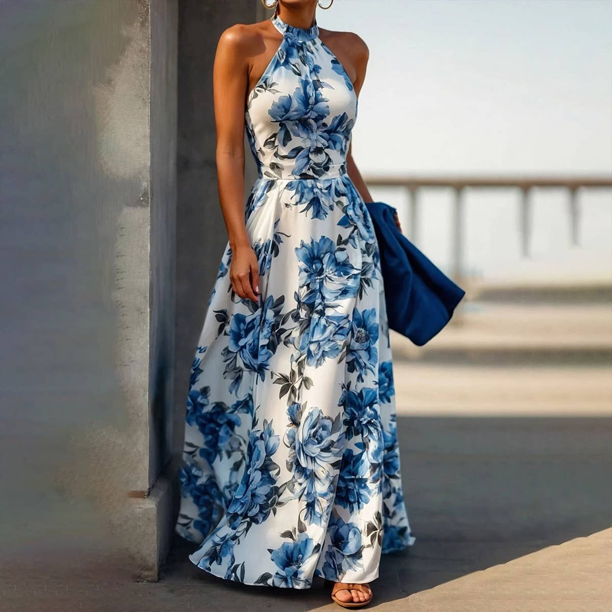 Vacation-style printed high-waisted beach dress