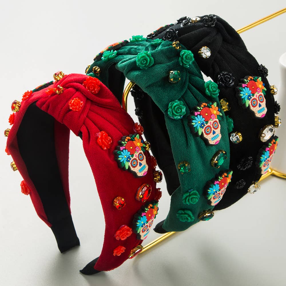 HALLOWEEN VELVET SKULL STEREOSCOPIC ROSE HEADBAND