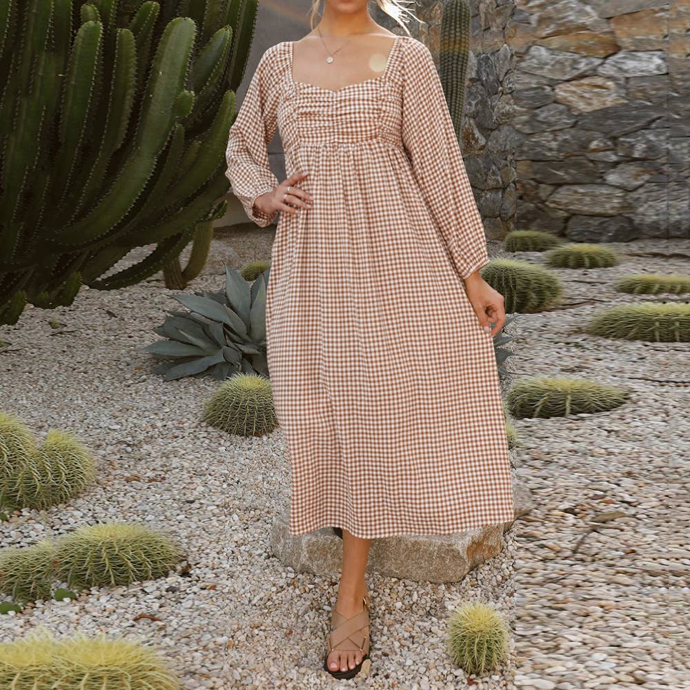 Square collar plaid loose swing mid-length dress