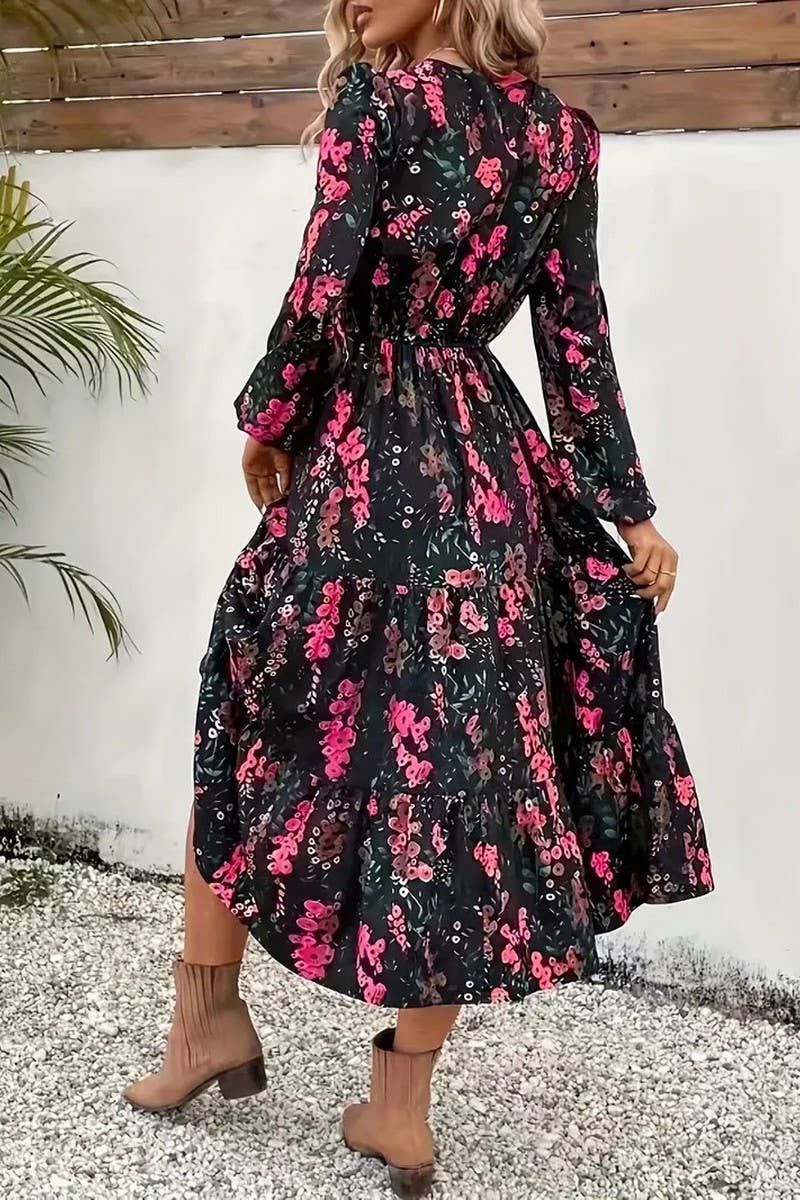 CWDMD5594_FASHION FLORAL PRINT ROUND NECK LONG SLEEVE DRESS