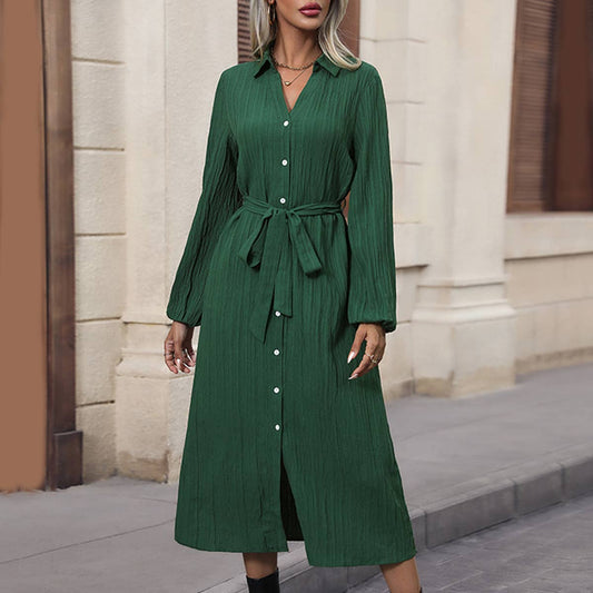LONG-SLEEVED PLEATED LAPEL SHIRT DRESS