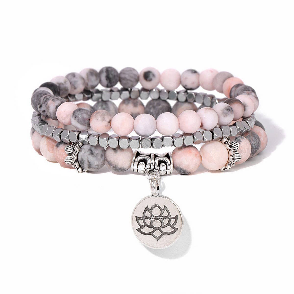 CWAJE4221_NATURAL STONE LOTUS PENDANT THREE-LAYER BRACELET