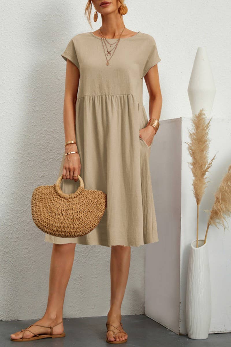 CWDSD7975_SUMMER TEMPERAMENT ROUND NECK A-LINE LOOSE DRESS