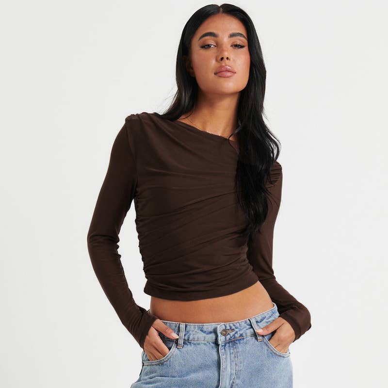 ROUND NECK SOLID COLOR MESH PLEATED CROP TOP