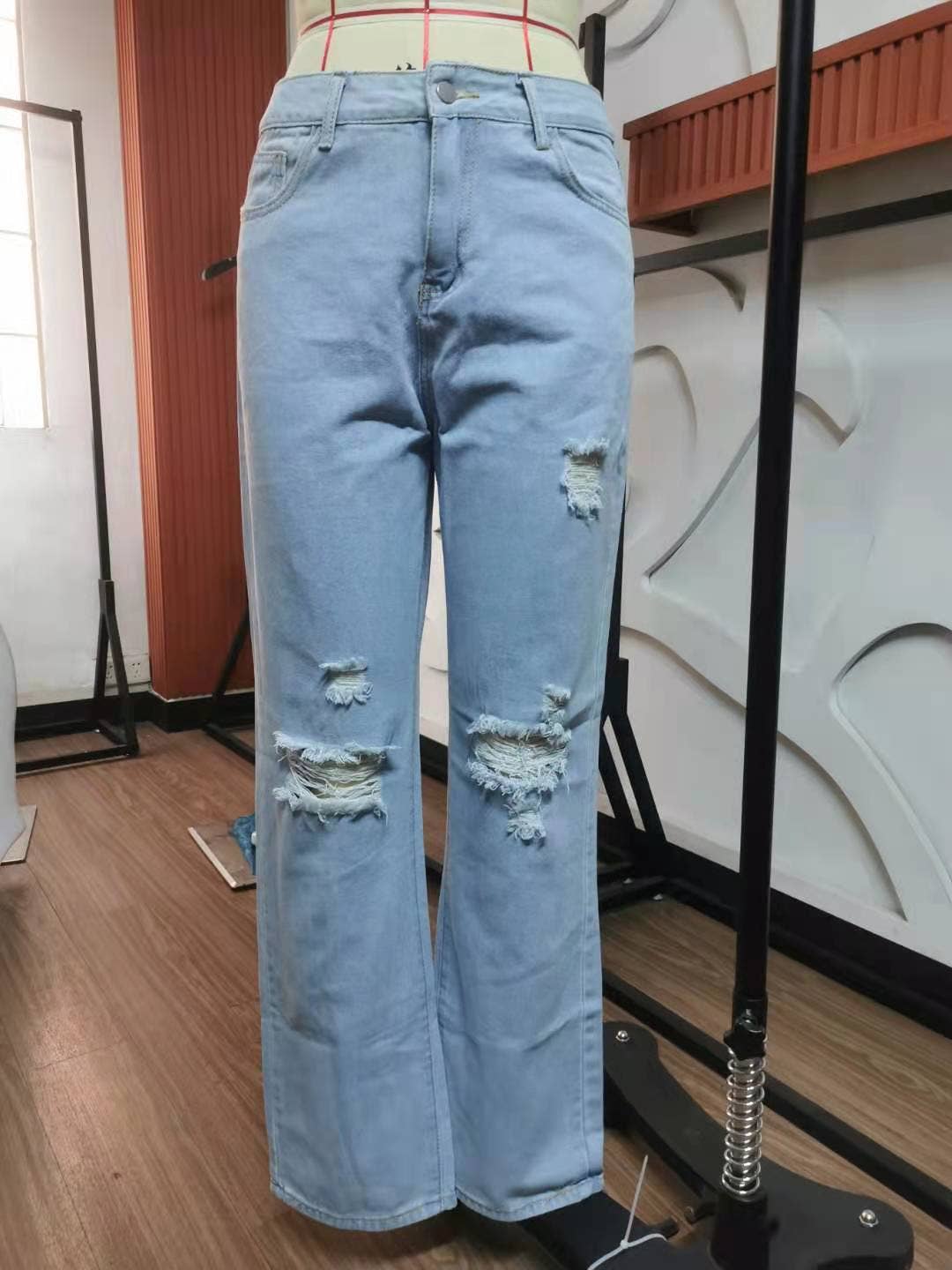 VINTAGE CASUAL RIPPED WASH DENIM PANTS