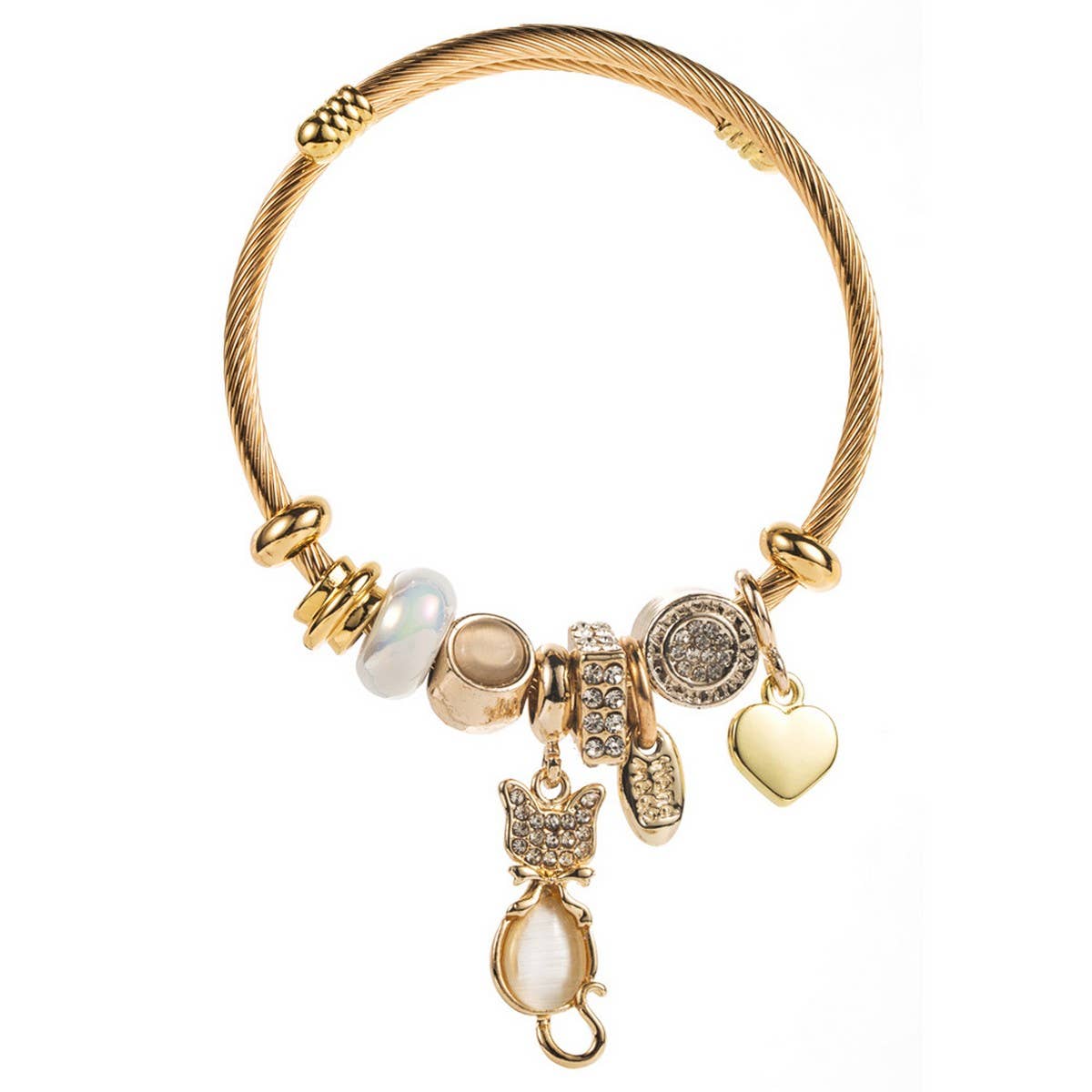 Fashionable Cat & Heart Beaded Steel Bracelet_CWMM8585