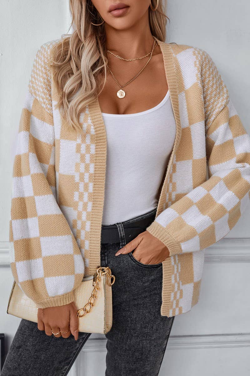 CWOCAL0867_CONTRAST CHECK BALLOON SLEEVE KNITTED CARDIGAN