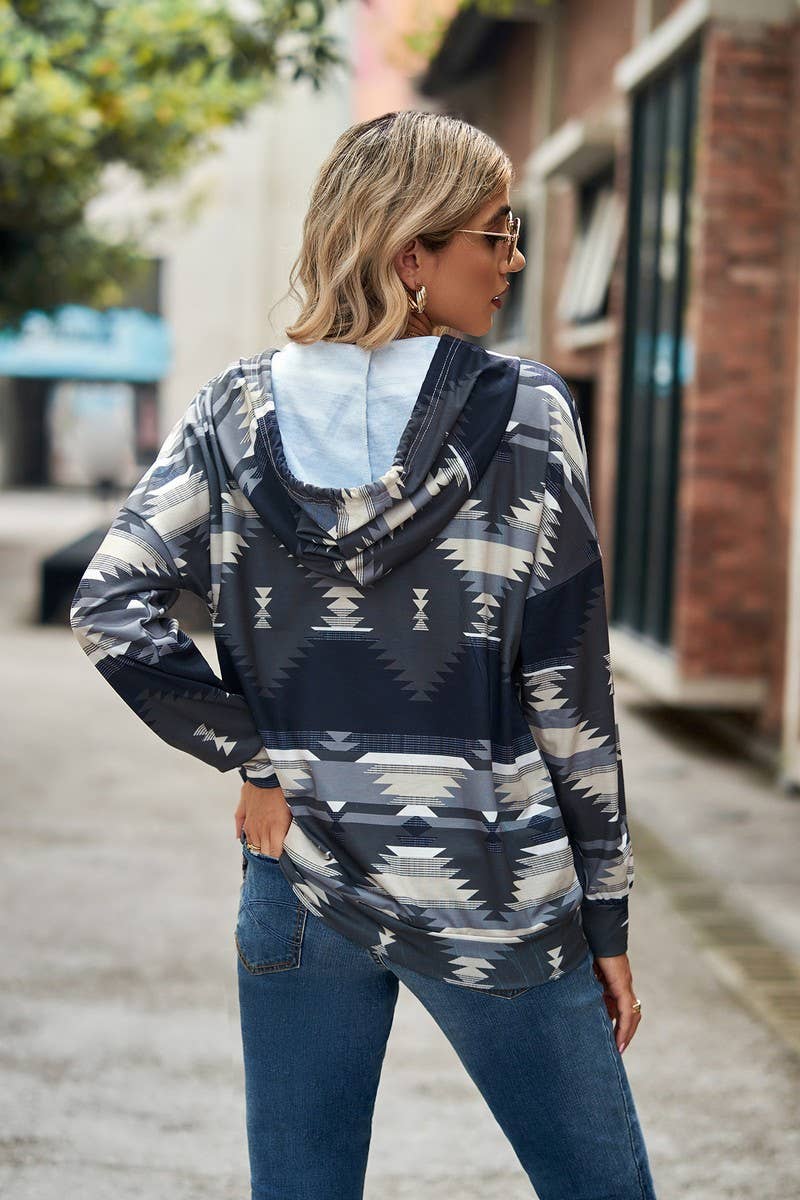 WOMEN AZTEC PRINTING DRAWSTRING WESTERN HOODIE_CWOHOL0177