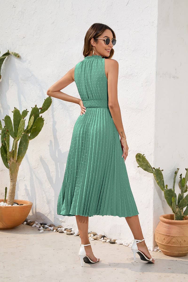 CWDMD2140_LACE UP HIGH WAISTED PLEATED HAIRBALL DRESS