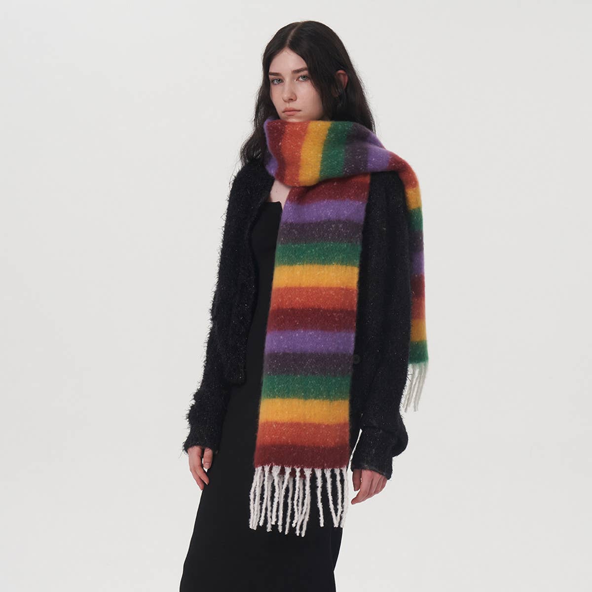 WOMEN STRIPED FRINGED PLAID SCARF
