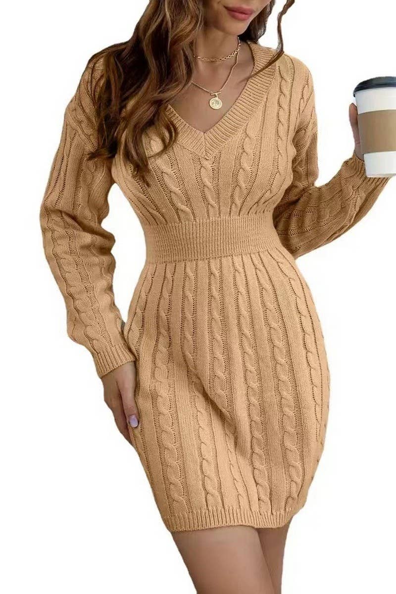 V-neck waistband twist wrap hip sweater dress
