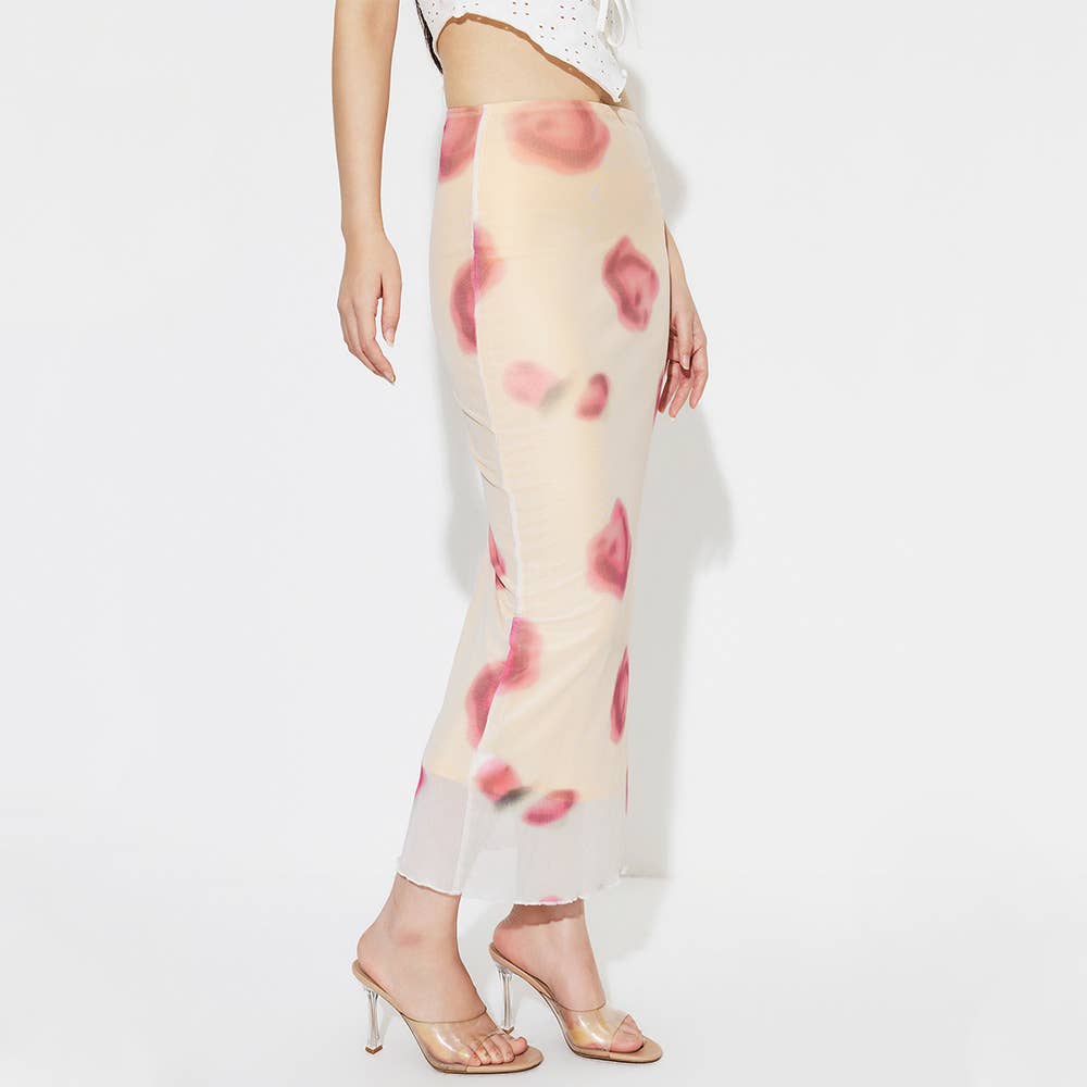 SLIM-FIT PRINT MESH SKIRT WITH HIP WRAP