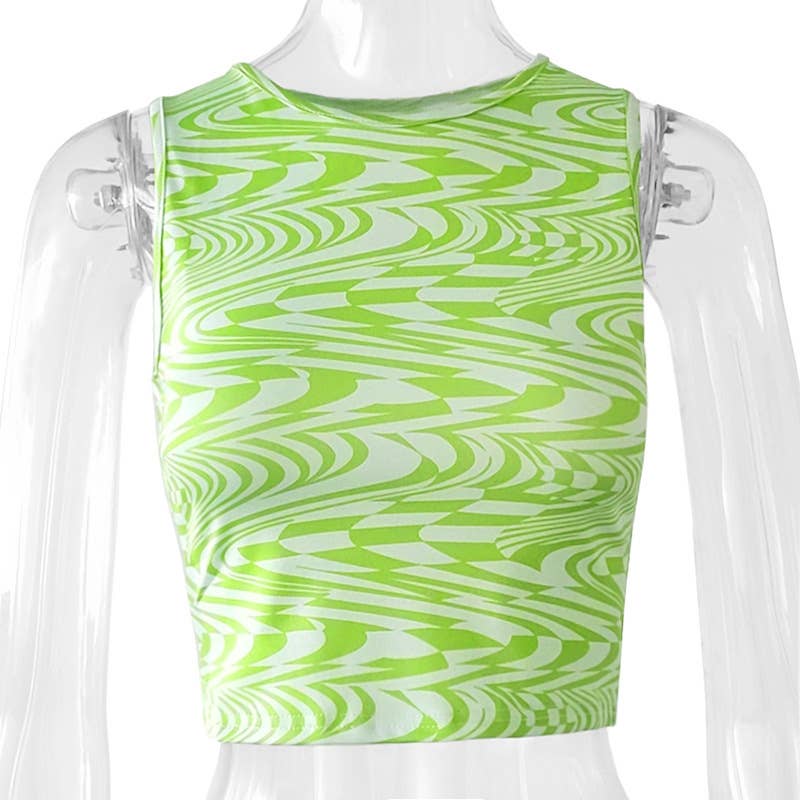 Abstract print sleeveless midriff slim-fit vest